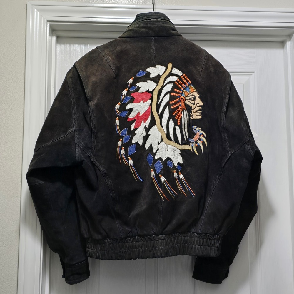 VTG Suede Leather Jacket Native Chief Embroidery Men's M‎ Western Oversized